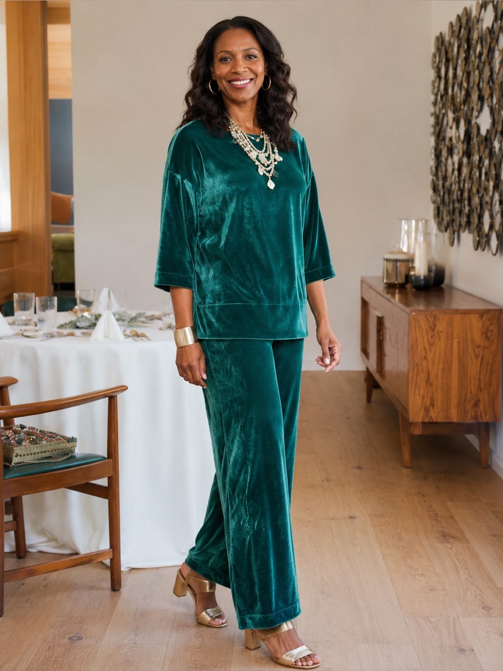 Soft Surroundings Aria Velvet Lounge Set XL Petite Botanical Garden Green Luxe